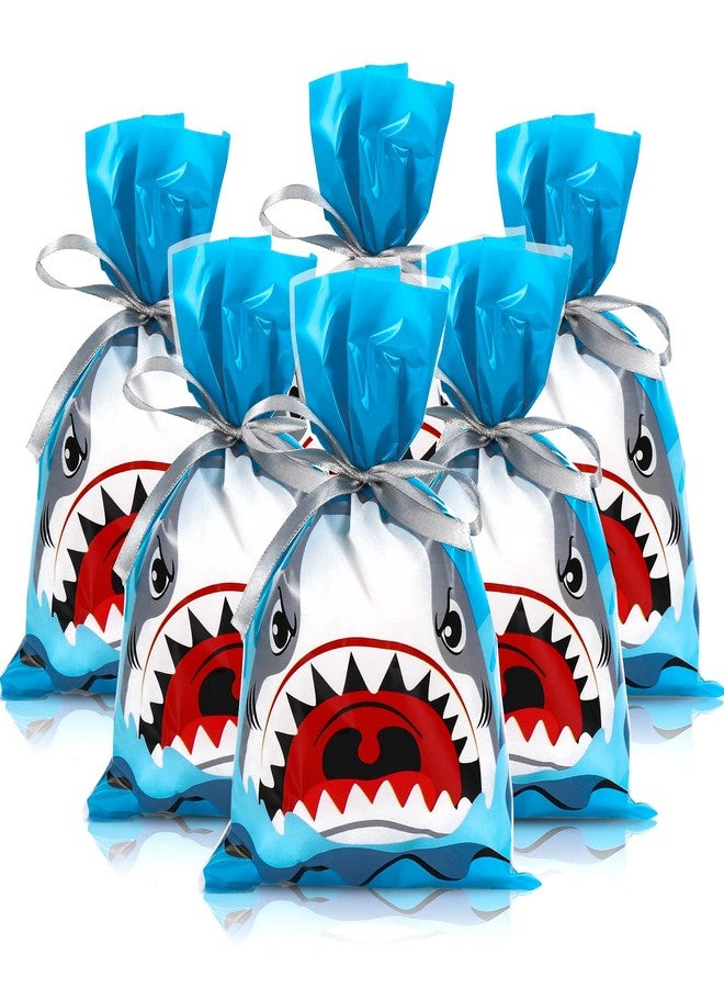 Whaline 100Pcs Shark Treat Bags Summer Ocean Sea Candy Cellophane Bag 6 x 9 Inch Blue Shark Plastic Goody Bags with Grey Ribbon for Birthday Shark Party Favor Supplies Gift Summer Decoration - Image 1